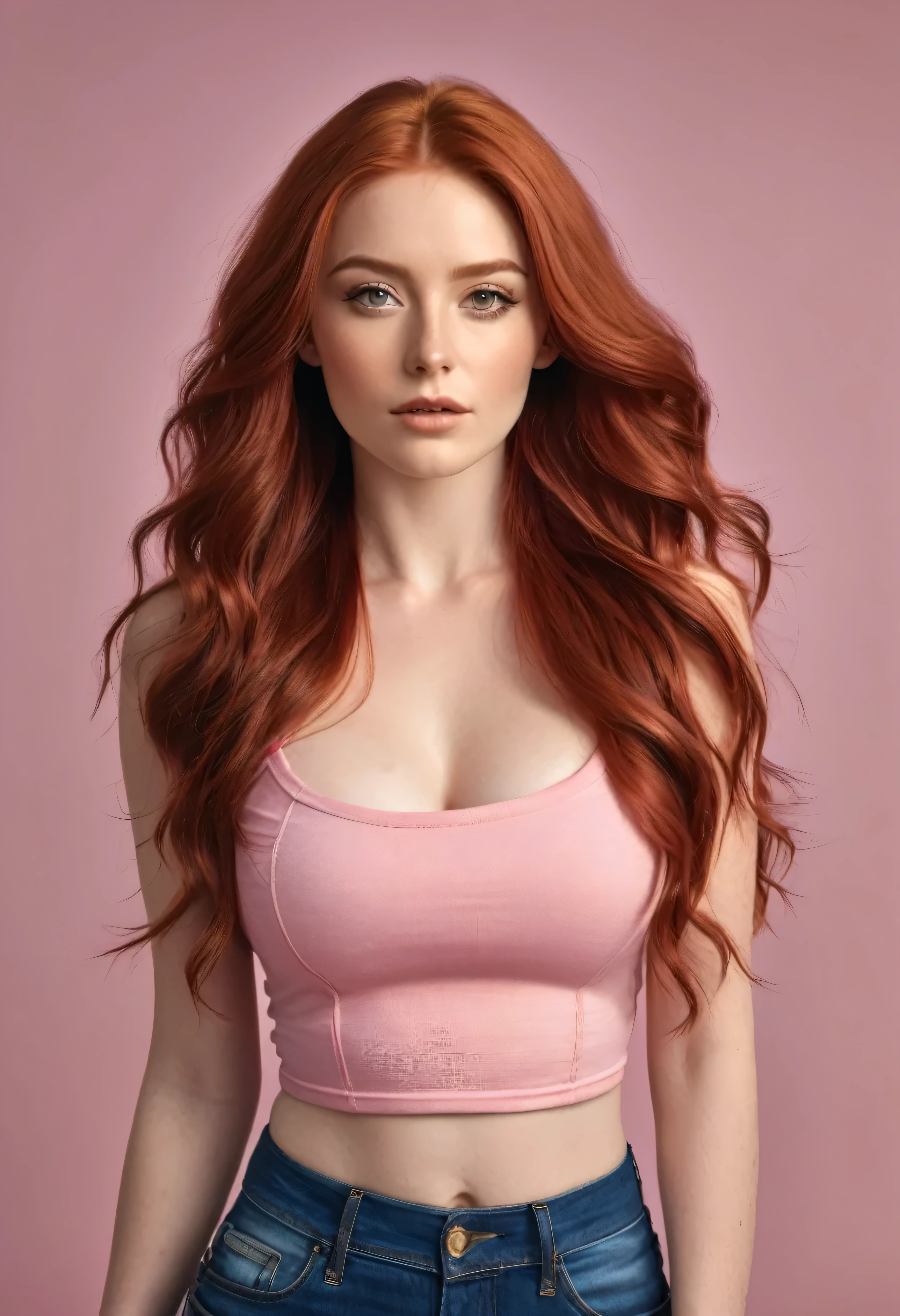 An attractive woman with long, wavy red hair, young, semi-tied hair, Curvy, pink crop top, jeans, hyper realistic nonsense, RAW photo, UltraHD 8K, high quality, Film grain, (highly detailed skin:1.2)