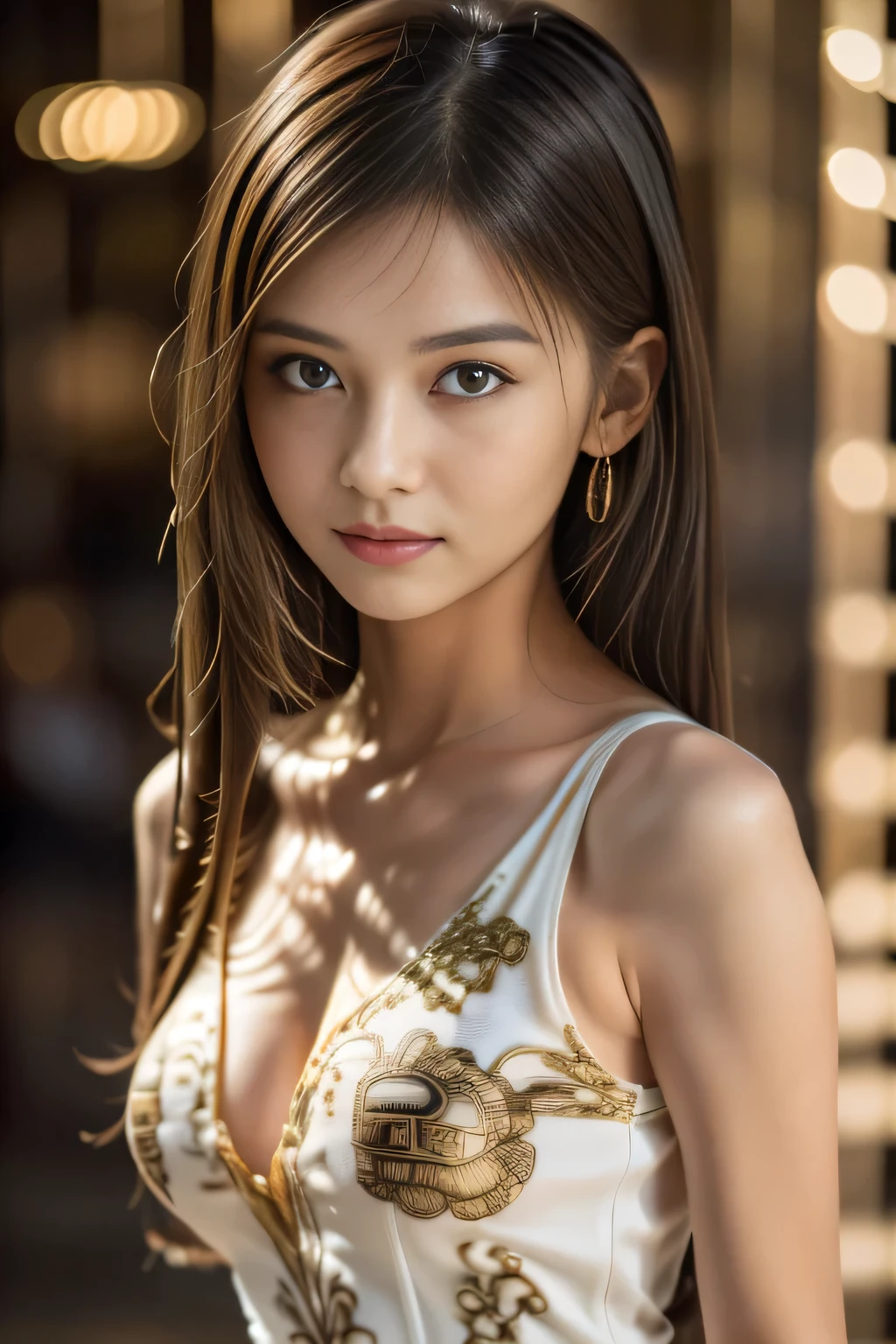 (Masterpiece:1.3), (8K), (Best Quality:1.4), (UHD:1.2), (Photorealistic:1.3),( Raw Photography), (1girl), (Ultra High Detailed), (Detailed face), very perfect beautiful and cute face, (Detailed hair), Beautiful hair, bangs, (symmetrical eyes:1.3), (Detailed eyes), (Detailed skin), Realistic skin, shiny skin, Ultra high definition, (medium breasts:0.7, good shaped breasts), (slim figure), (super model figure), 

( wearing a high fashion beautiful white dress with intricate gold embroidery, damask pattern:1.3, inspired by Versace:1.3 ), 
on the beach, Sunset, orange sky