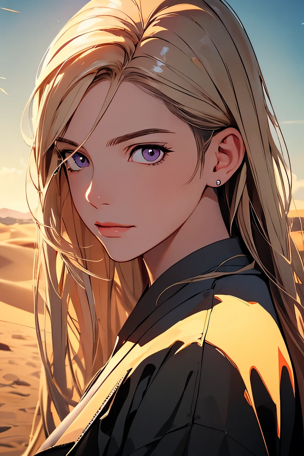 2d illustration, anime, a painting portrait in fine arts, in manhwa style, Bishamon from noragami, 1girl, blond hair, long hair, big hair, shopped undercut pixie, makeup, purple eyes, sand, desert behind, beautiful, high definition, masterpiece, best quality, high detail, high detailed eyes, grain filter, {{confident smile}}, Detailed lips, olhando_no_visualizador, inclinando para a camera, alta qualidade, premiado, high resolution, 8k, {{dunes background}}, {{sand}}, dark lights
