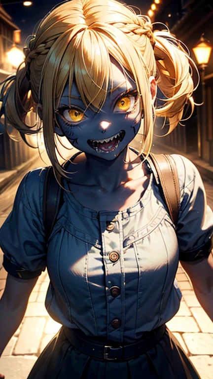 solo,1female\(cute,kawaii,age of 15,zombie,skin color blue,sharp teeth,big smile,open mouth big,fun,enjoy,dynamic pose,yellow eyes,big eyes,blonde hair,hair floating,braid hair,\),background\(outside,shiny,\),trying to eat viewer,comming to viewer,[nsfw:2.0],close up, BREAK ,quality\(8k,wallpaper of extremely detailed CG unit, ​masterpiece,hight resolution,top-quality,top-quality real texture skin,hyper realisitic,increase the resolution,RAW photos,best qualtiy,highly detailed,the wallpaper,cinematic lighting,ray trace,golden ratio,\),from above