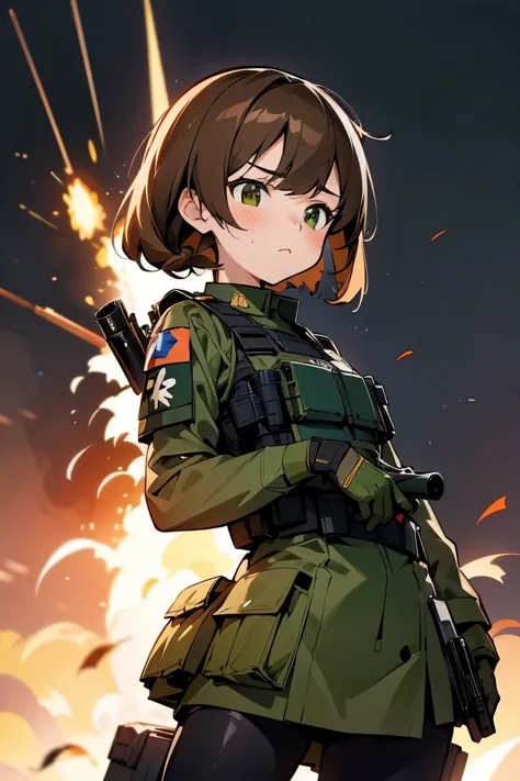 anime girl with brown hair, shy face,  small girl,  holding a submachine gun badass anime 8k, soldier girl, green military unifo...