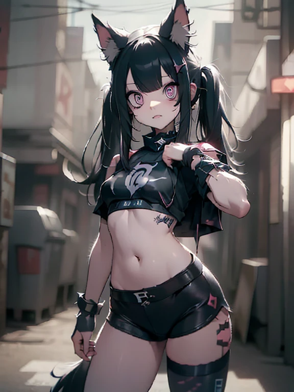 solo,1female\(cute,kawaii,age of 15,evil smile,floating hair,messy hair,(black hair:1.2),long hair,twin tails hair,pale skin,skin color blue,red eyes,eyes shining,big eyes,(ripped clothes:1.5),tight tube top,(breast:1.4),tight hot pants,(open stomach:1.4),(punk fashion:1.4),fluffy black cat-ear,(dynamic pose:1.7),(cute pose),open mouth,better hands,Perfect Hands\), BREAK ,background\(outside,noisy city,backstreet,narrow street,(dark:2.0),neon lights\),[chibi],[nsfw:2.0],quality\(8k,wallpaper of extremely detailed CG unit, ​masterpiece,hight resolution,top-quality,top-quality real texture skin,hyper realisitic,increase the resolution,RAW photos,best qualtiy,highly detailed,the wallpaper/),(close up:1.0),[nsfw:2.0],[nsfw:2.0],[nsfw:2.0],[nsfw:2.0],[nsfw:2.0]