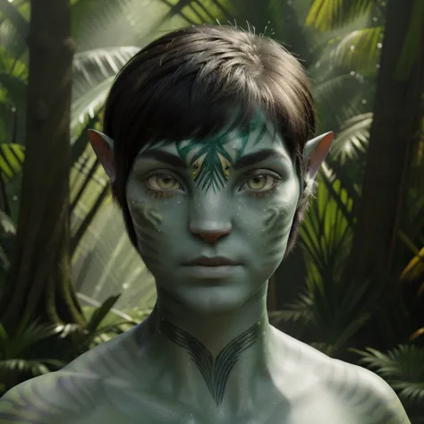 avatar style, (face portrait:1.6), naavi, 1boy, (male), (silver eyes), (big eyes), ((eyebrowless)), pointy ears, (forest green s...