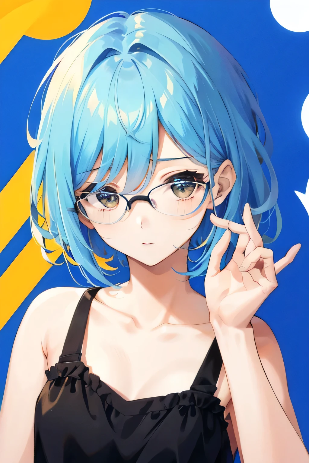 Anime girl with blue hair and glasses making a peace sign - SeaArt AI