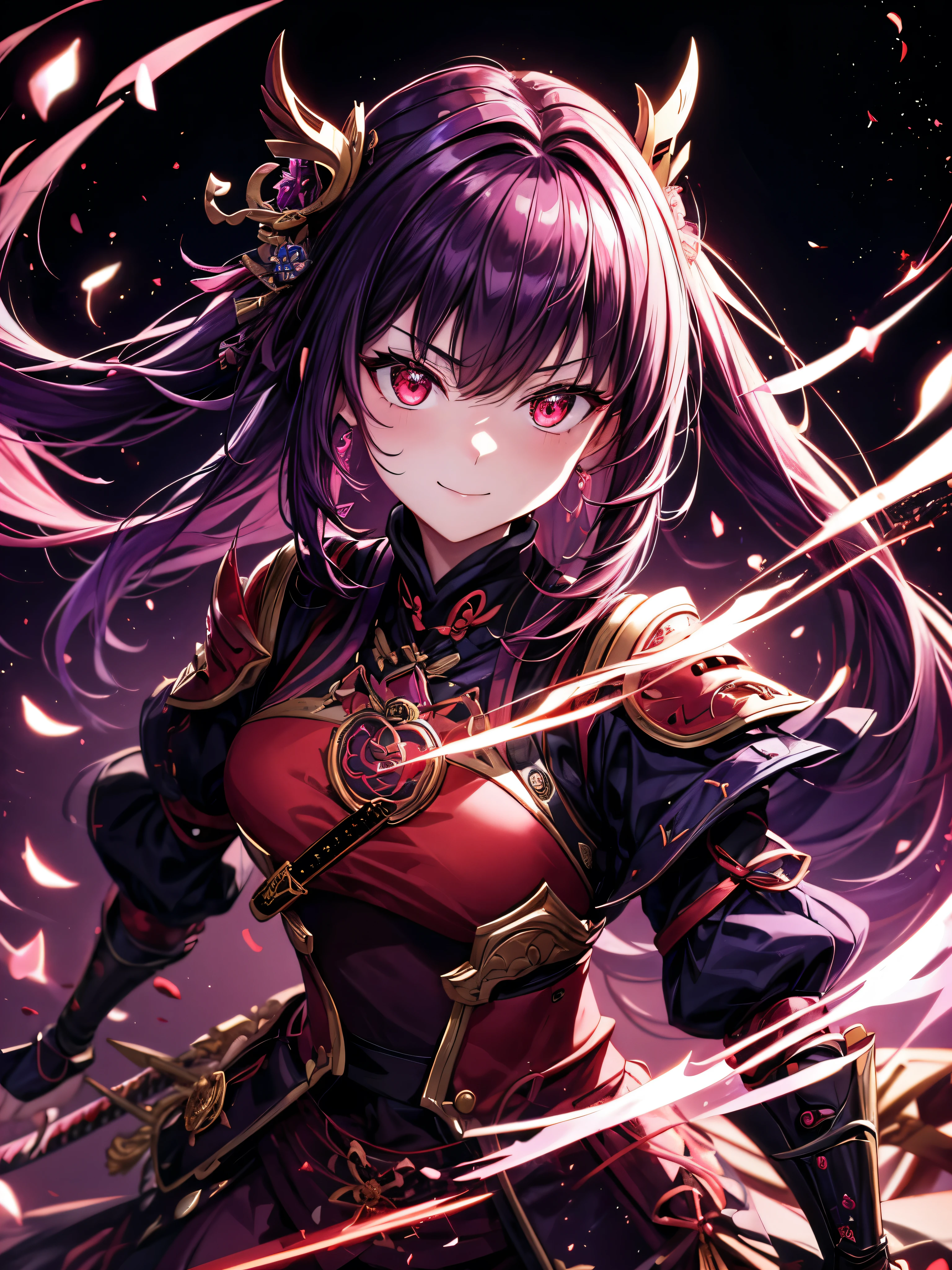 best quality,4K,High resolution),Ultradetailliert,realistisch,portrait, Lila Samurai Sukkubus mit einen katana dunkelrotem Haar, a purple-dark red armor with golden neon lights with gold trim and bright red eyes, Leuchtende Farben, zarte Merkmale, seductive glance, charming smile, wallende Haare, sanfte Beleuchtung