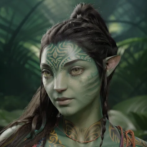 avatar style, (face portrait:1.6), naavi, 1girl, female, (silver eyes), (big eyes), ((eyebrowless)), pointy ears, (forest green ...