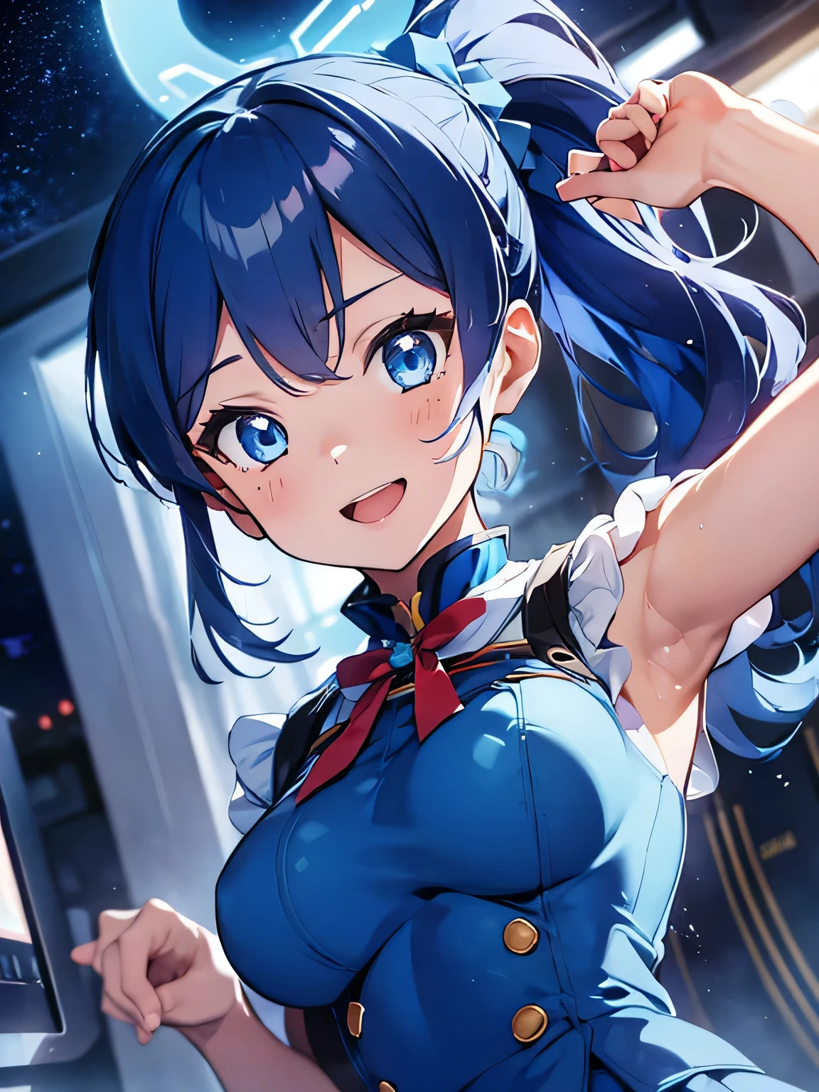 aikatsu,（Overhead view),dynamic angle,ultra-detailed, illustration, close-up, straight on, 1girl, ((blue souryuu asuka langley, interface headset, blue bodysuit:1.4, blue)),Her eyes shone like dreamy stars,(glowing eyes:1.233),(beautiful and detailed eyes:1.1),(expressionless),(standing), (masterpiece, best quality, ultra high res, perfect anatomy, extremely detailed), BREAK, 1girl, 14 years old, red eyes, side_Ponytail, blue hair, very large ribbon in hair, idol costume, BREAK, (finger pointing), (full face), one eye closed, (open mouth), glow eyes, smile, stage light, (mechanic room with toolsand spaceship windowin a white SPACESHIP), (night:1.2),dreamy, [[delicate fingers and hands:0.55]::0.85],(detail fingers),