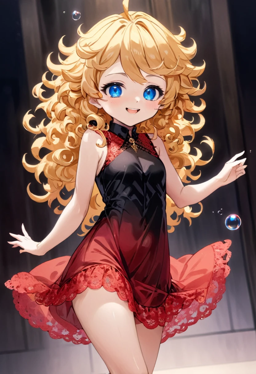 ecchi fantaisie anime, tout le corps, vue dynamique, angle moyen, Qualité HD12K, poupée articulée mignonne, yeux bleus, cheveux bouclés dorés, pointu moyen , petites hanches, bulle, nuisette transparente en dentelle rouge, bas en dentelle noire, Baskets rouges, Sexy, sourire suffisant, hautain, pose comme une reine dans une salle de jeux royale,