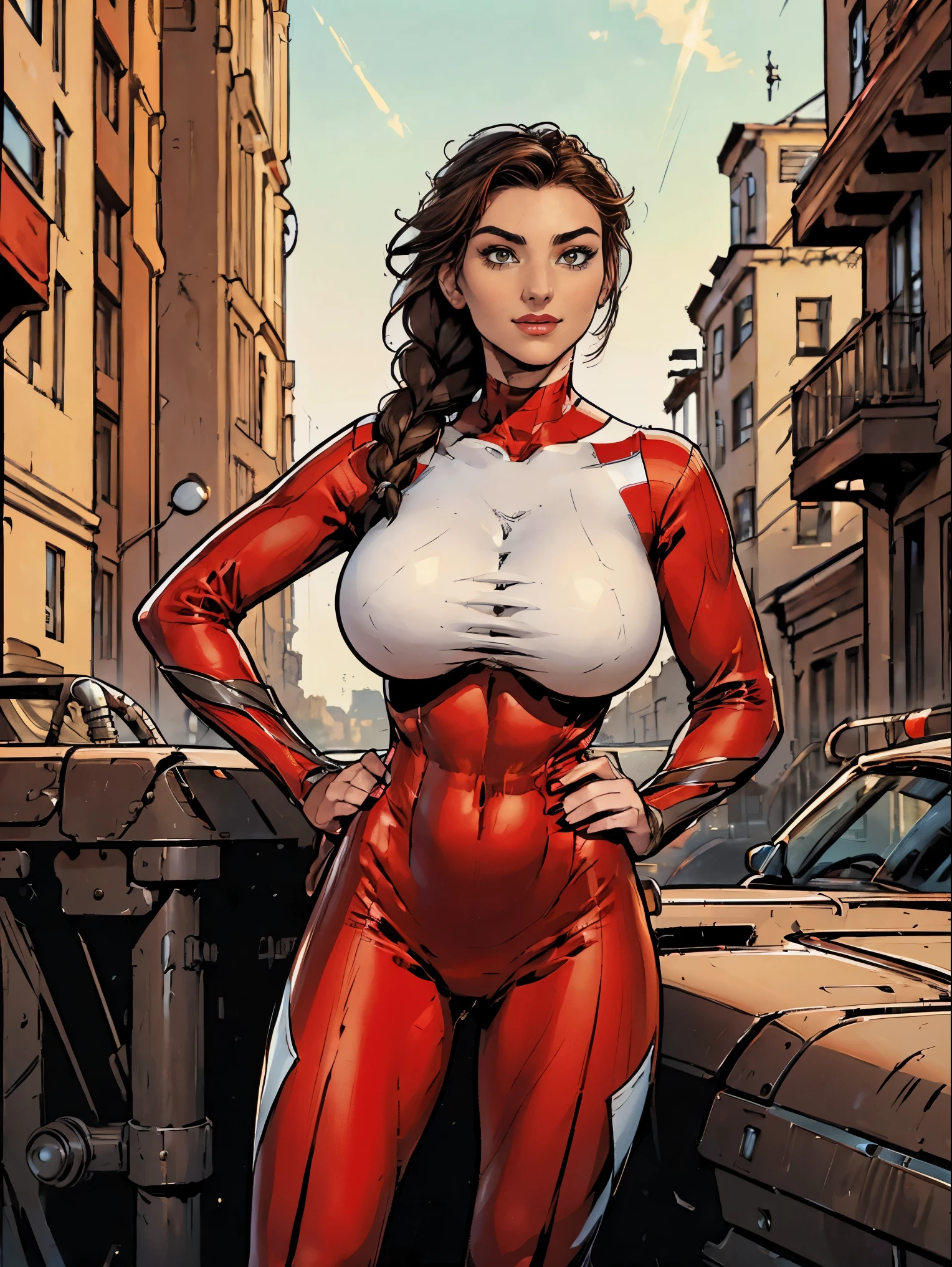 (masterpiece, top quality, best quality, official art, beautiful and aesthetic:1.2), (1girl:1.3), brown hair, braid, extremely detailed, portrait, looking at viewer, solo, (full body:0.6), detailed background, close up, mischievous eyes, (warm city superhero theme:1.1), pleasant smile, brunette, aquiline nose, green eyes, braid, ((gigantic breasts)), (thin), athletic, superhero. Wearing a sleek, satin (high-neck) (sleek white and red striped bodysuit), ((red sleeve stripes, red leg stripes)), (white sides, red center), modest, fully-covered, long red gloves, long red boots, slim waist, slim hips, long legs, modern (city street exterior:1.1) detailed background, bright optimistic lighting, shadows, magical atmosphere, dutch angle