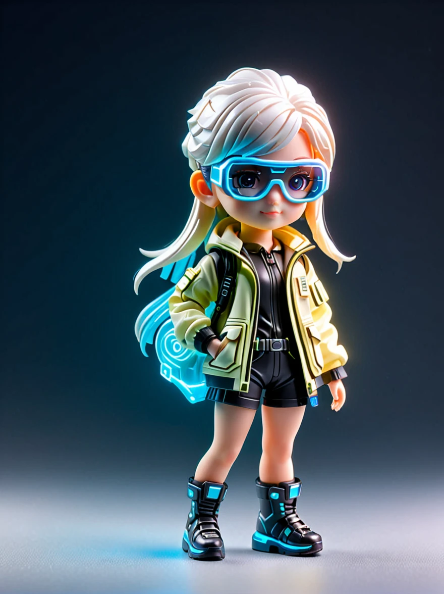 blind box,plastic toy,3D tous,IP model,A cute little girl of the world, white hair, tech goggles, a holo-glowing translucent jacket, Time travel device,a lot of decoration, precision mechanical parts, glossy materials, futuristic, cyberpunk,Pixar,resin material,full body,full Shot,Simple background,display lighting,volumetric lighting,3d,c4d,oc render,volume rendering,extremely detailed details,HDR,8K Resoulution