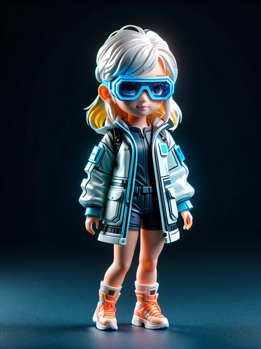 blind box,plastic toy,3D tous,IP model,A cute little girl of the world, white hair, tech goggles, a holo-glowing translucent jacket, Time travel device,a lot of decoration, precision mechanical parts, glossy materials, futuristic, cyberpunk,Pixar,resin material,full body,full Shot,Simple background,display lighting,volumetric lighting,3d,c4d,oc render,volume rendering,extremely detailed details,HDR,8K Resoulution