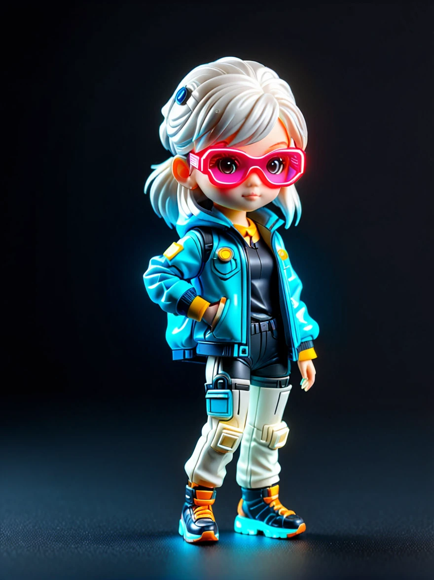 blind box,plastic toy,3D tous,IP model,A cute little girl of the world, white hair, tech goggles, a holo-glowing translucent jacket, Time travel device,a lot of decoration, precision mechanical parts, glossy materials, futuristic, cyberpunk,Pixar,resin material,full body,full Shot,Simple background,display lighting,volumetric lighting,3d,c4d,oc render,volume rendering,extremely detailed details,HDR,8K Resoulution