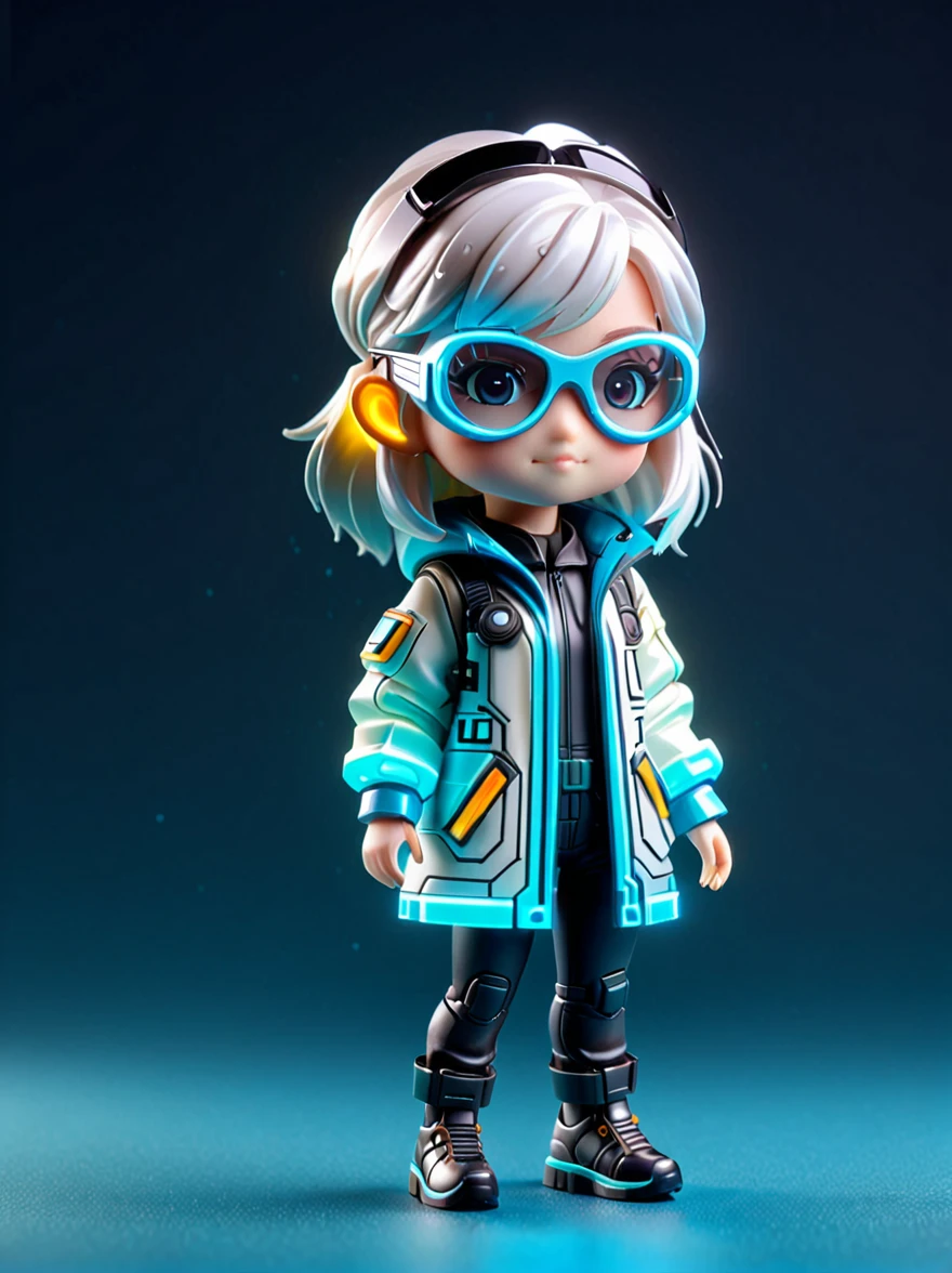 blind box,plastic toy,3D tous,IP model,A cute little girl of the world, white hair, tech goggles, a holo-glowing translucent jacket, Time travel device,a lot of decoration, precision mechanical parts, glossy materials, futuristic, cyberpunk,Pixar,resin material,full body,full Shot,Simple background,display lighting,volumetric lighting,3d,c4d,oc render,volume rendering,extremely detailed details,HDR,8K Resoulution