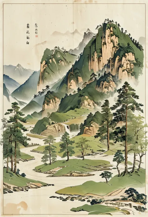 Ink and wash, surrounded by mountains, northern mountains and rivers, streams, loose and orderly woods, different trees, quiet p...