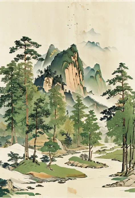 Ink and wash, surrounded by mountains, northern mountains and rivers, streams, loose and orderly woods, different trees, quiet p...