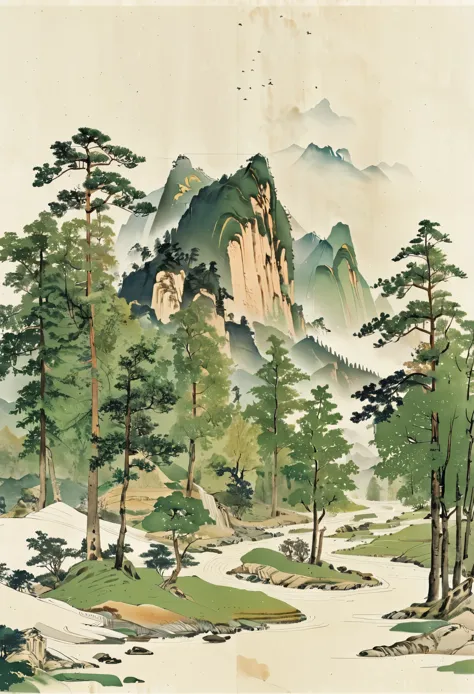 ink and wash, surrounded by mountains, northern mountains and rivers, streams, loose and orderly woods, different trees, quiet p...