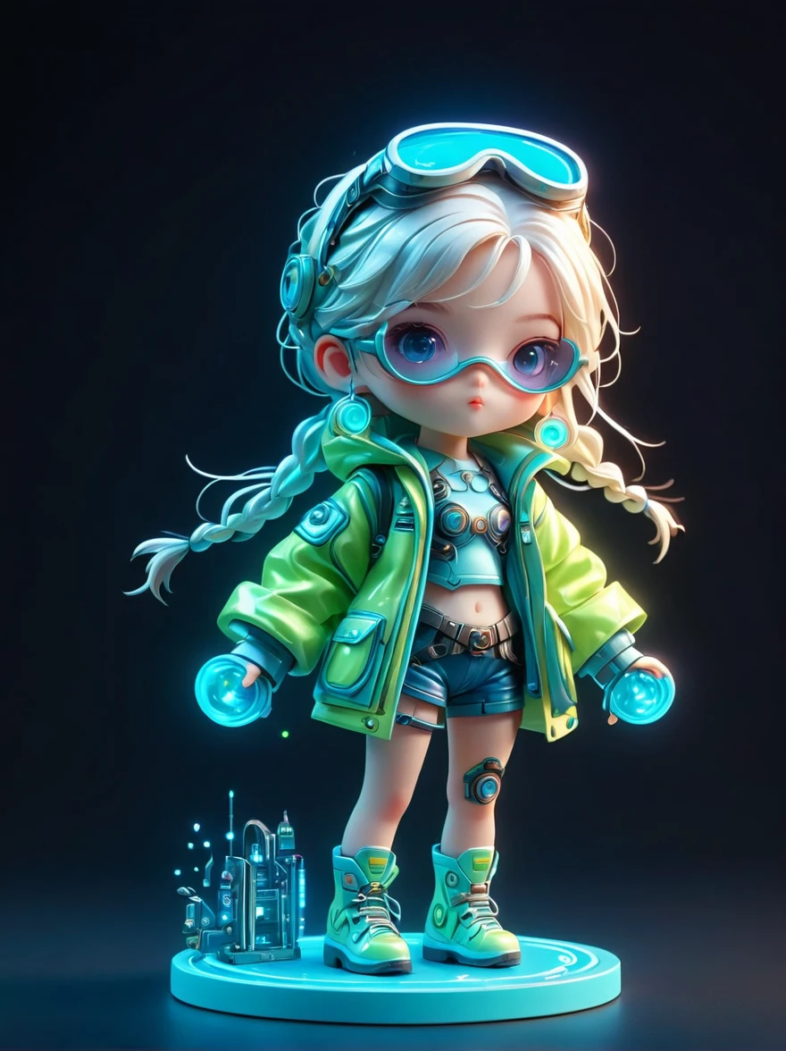 blind box,plastic toy,3D tous,IP model,A cute little girl of the world, white hair, tech goggles, a holo-glowing translucent jacket, Time travel device,a lot of decoration, precision mechanical parts, glossy materials, futuristic, cyberpunk,Pixar,resin material,full body,full Shot,Simple background,display lighting,volumetric lighting,3d,c4d,oc render,volume rendering,extremely detailed details,HDR,8K Resoulution