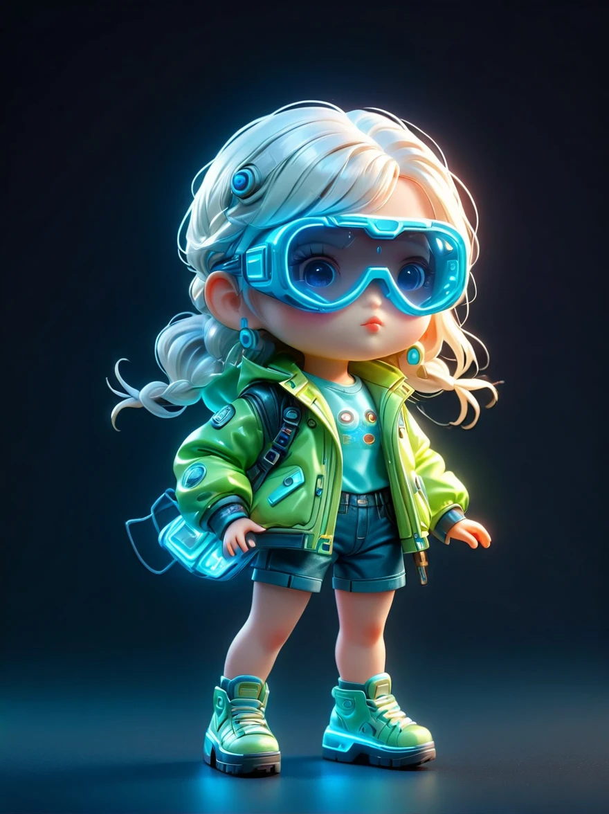 blind box,plastic toy,3D tous,IP model,A cute little girl of the world, white hair, tech goggles, a holo-glowing translucent jacket, Time travel device,a lot of decoration, precision mechanical parts, glossy materials, futuristic, cyberpunk,Pixar,resin material,full body,full Shot,Simple background,display lighting,volumetric lighting,3d,c4d,oc render,volume rendering,extremely detailed details,HDR,8K Resoulution