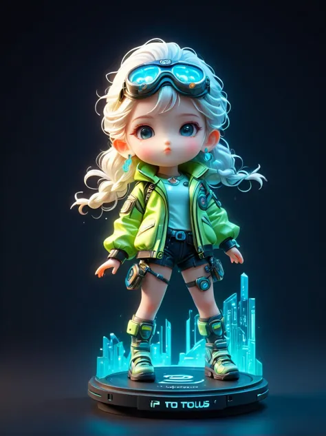 blind box,plastic toy,3D tous,IP model,A cute little girl of the world, white hair, tech goggles, a holo-glowing translucent jac...