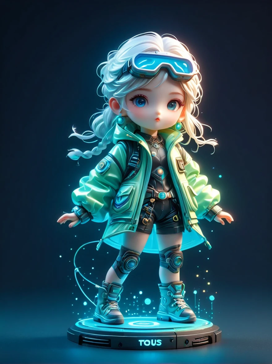 blind box,plastic toy,3D tous,IP model,A cute little girl of the world, white hair, tech goggles, a holo-glowing translucent jacket, Time travel device,a lot of decoration, precision mechanical parts, glossy materials, futuristic, cyberpunk,Pixar,resin material,full body,full Shot,Simple background,display lighting,volumetric lighting,3d,c4d,oc render,volume rendering,extremely detailed details,HDR,8K Resoulution