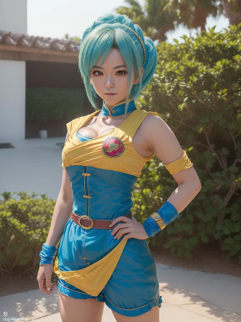 ((A beautiful and charming young woman, (Realistic:1.4), com traje of cosplayer of Bulma, character inspired by dragon ball, Realist actor:1.2)),extremely ophthalmic, best quality, of ((Face portrait photo:1.5), (original photo, 8k Ultra HD, superior quality, best quality, highly ophthalmic: 1.2),