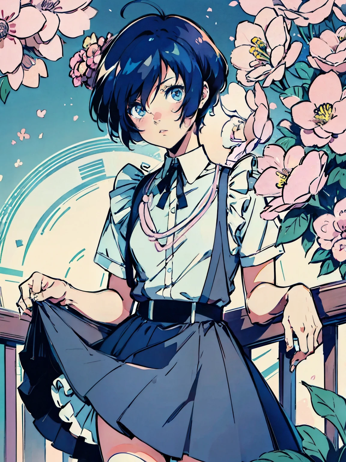 Solo, 1 boy, Makoto yuki, kawaii pose, perfect anatomy, neat lineart,4k, cat cafè scenery, pastel colours background, cute plants and flowers, daylight, looking at camera, makoto with cat ears, maid dress, amid skirt, ribbon, dark blue hair, short hair, hair covering one eye, blushing expression