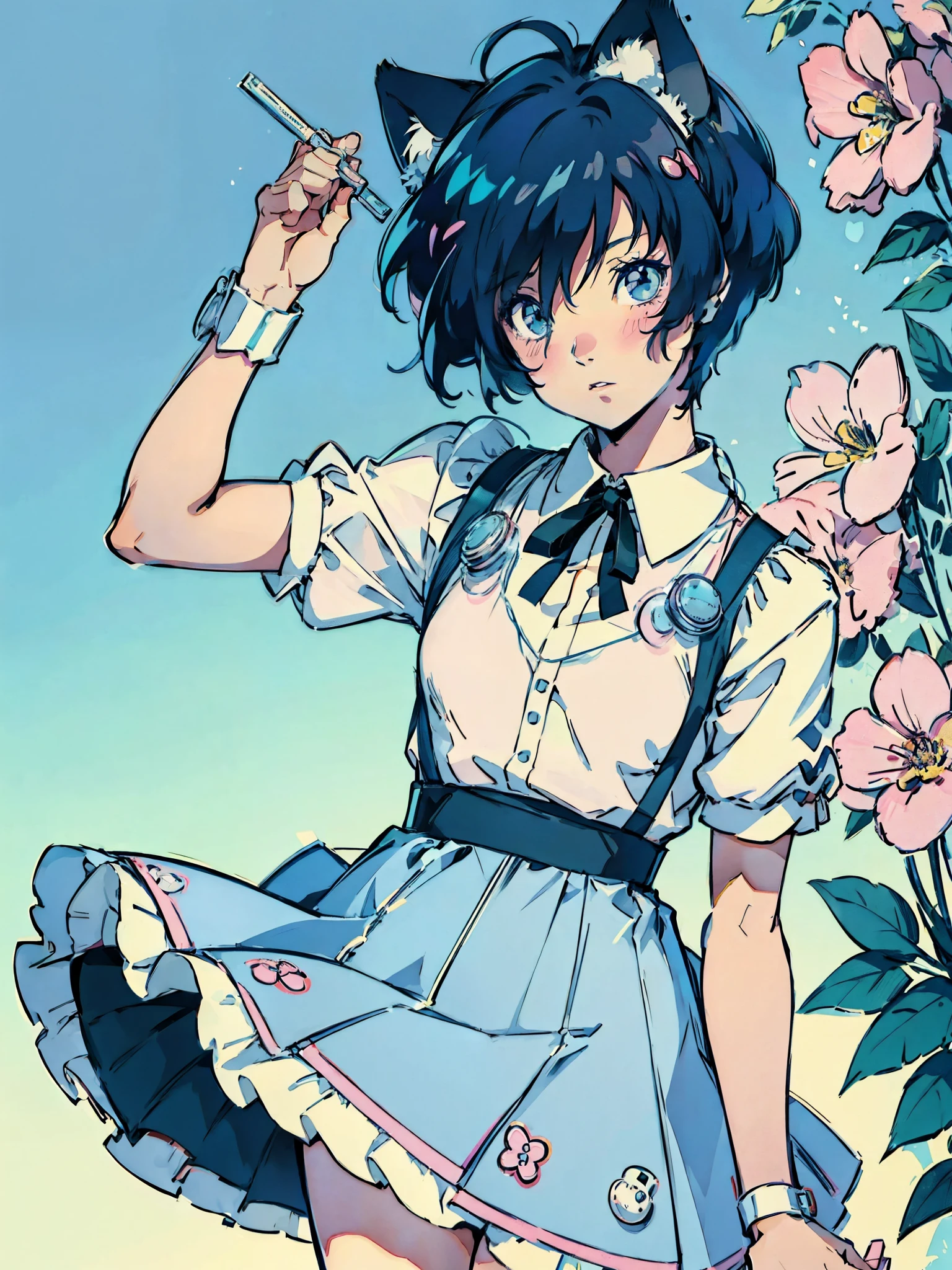 Solo, 1 boy, Makoto yuki, kawaii pose, perfect anatomy, neat lineart,4k, cat cafè scenery, pastel colours background, cute plants and flowers, daylight, looking at camera, makoto with cat ears, maid dress, amid skirt, ribbon, dark blue hair, short hair, hair covering one eye, blushing expression