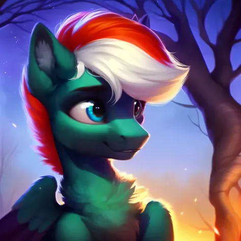 rating_safe, score_9, cute green stallion with white and red mane and blue eyes, fluffy, pegasus pony, night, tree, portrait