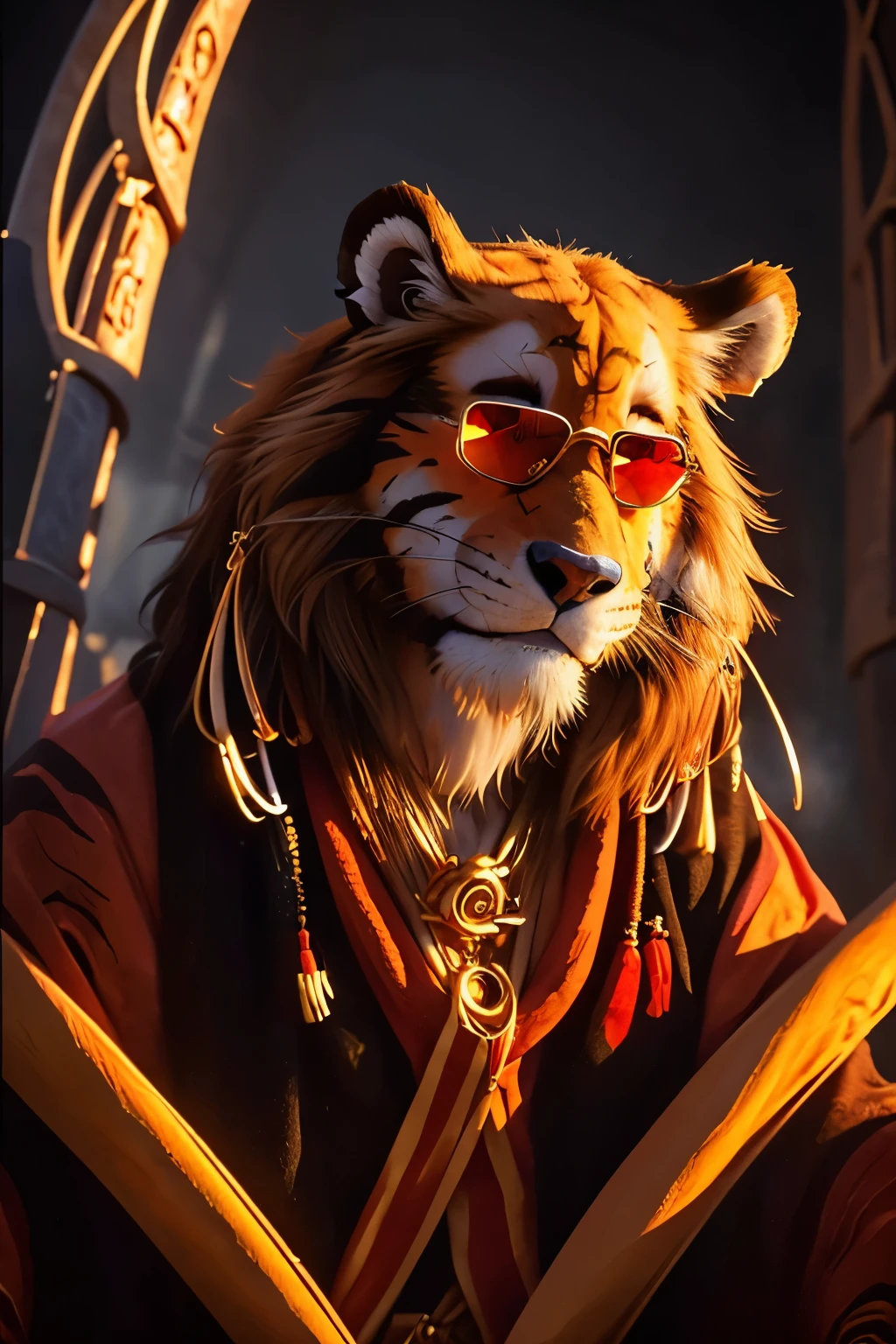 Шедевральный портрет тигра, который также является оракулом, (очень мудрый:1.1), (оглушительный:1.1), Очень реалистично, Очень подробно, Солнечные очки, Очень круто, цвета диско