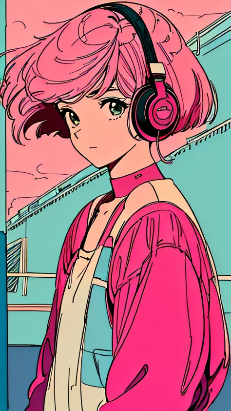 master piece, street fasion, Pink Hair, fluffy bob cut, shoulder length, alone, Futuristic, yet, lofi, retro, Alley, High resolu...