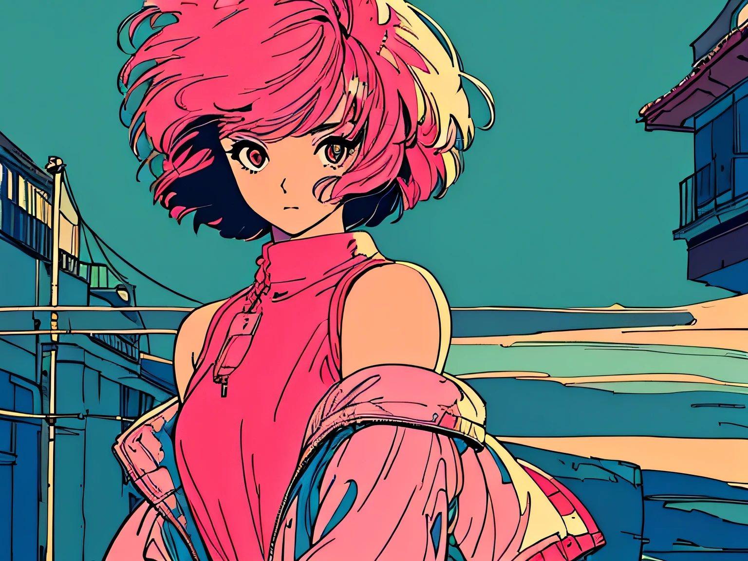 master piece, street fasion, Pink Hair, fluffy bob cut, shoulder length, alone, Futuristic, yet, lofi, retro, Alley, High resolution,  The wind is blowing, ((back shot)),   high resolution, chillout, wearing headphones, simple background