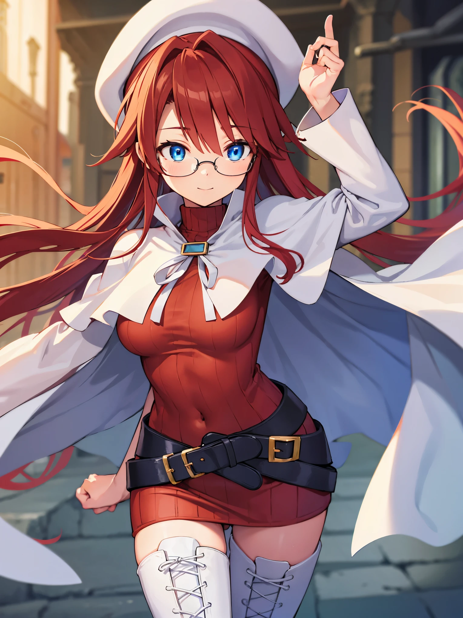 summonnightaty, aty, long hair, blue eyes, red hair, beret, hat, glasses,
BREAK long hair, thighhighs, hat, dress, boots, glasses, belt, cape, sweater, zettai ryouiki, beret, thigh boots, white footwear, ribbed sweater, loose belt,solo,
BREAK outdoors, fantasy,on_a_ship,
BREAK (masterpiece:1.2), best quality, high resolution, unity 8k wallpaper, (illustration:0.8), (beautiful detailed eyes:1.6), extremely detailed face, perfect lighting, extremely detailed CG, (perfect hands, perfect anatomy),covered_nipples,covered_navel,light_smile ,(half_eyes:1.4),sword,armpit,sleepy,dynamic_standing,barrel,red_sweater,apart_legs,magical_effect,focus_breasts,