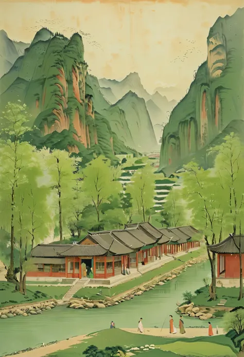 The big green and green color painting depicts the spring scenery along the river,with towering mountains and green trees. Sever...