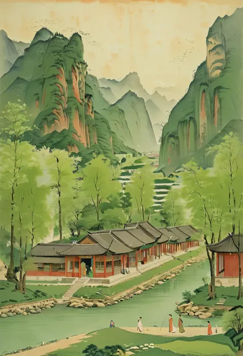 the big green and green color painting depicts the spring scenery along the river,with towering mountains and green trees. sever...