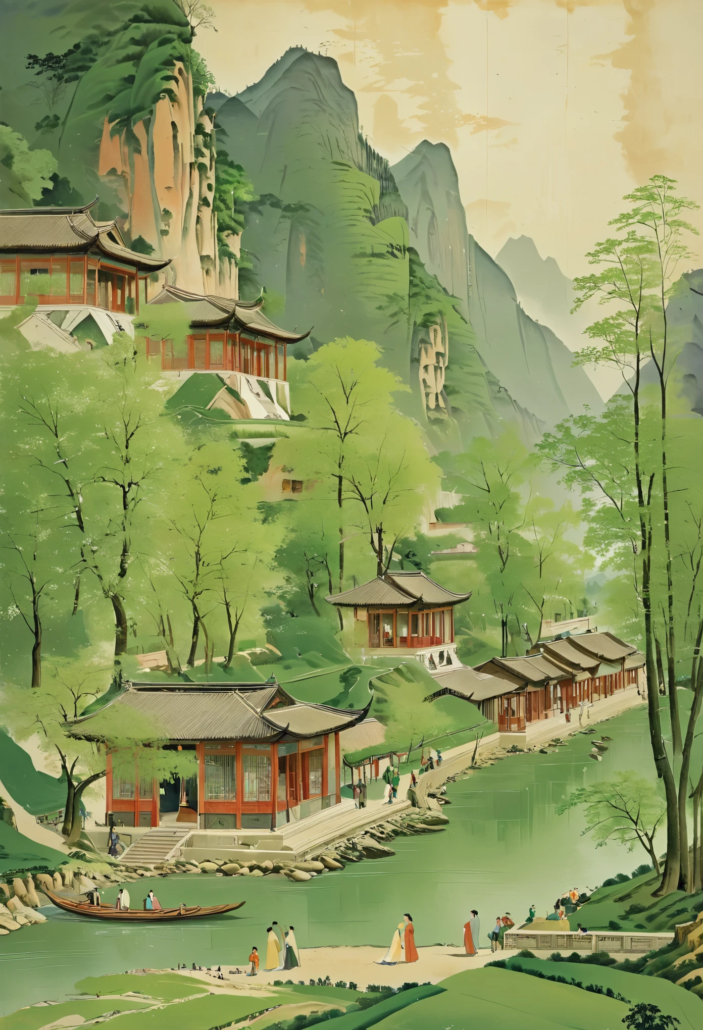 The big green and green color painting depicts the spring scenery along the river,with towering mountains and green trees. Several red pillars and green tile houses in the trees at the foot of the mountain are full of people. The river is sparkling and vast. Several people on the bank stop to enjoy the scenery,which is a scene of spring light and harmony,