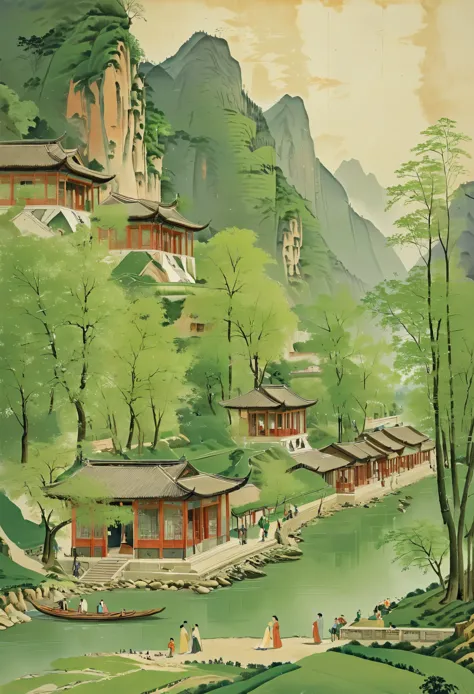 The big green and green color painting depicts the spring scenery along the river,with towering mountains and green trees. Sever...