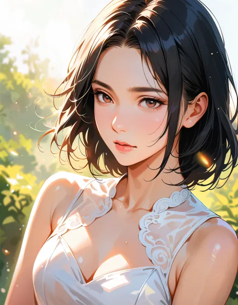 (sweat:0.7),light wedding dress,white skirt,miss,japanese,delicate face, pretty face,bare shoulders,slightly exposed shoulders,t...