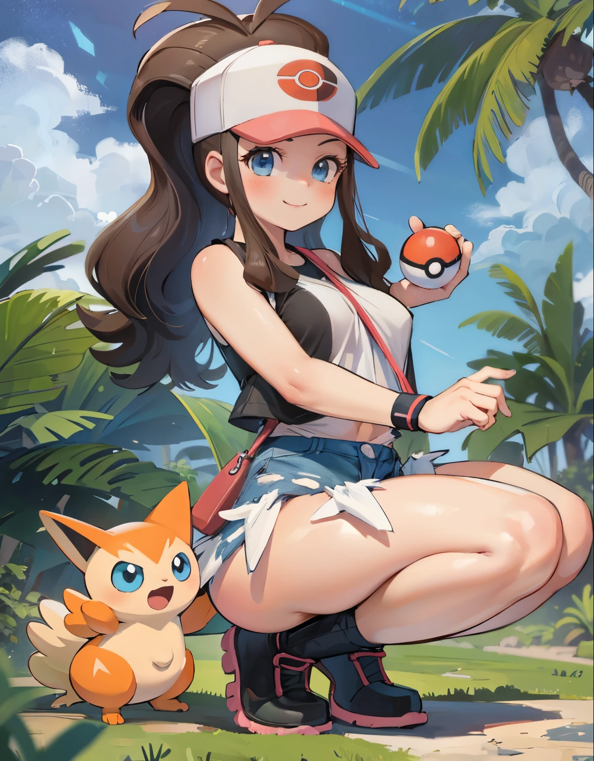 (best quality, highres, masterpiece:1.2), ultra-detailed, realistic:1.37, sketches, hilda pokemon, def1, teenage girl, full body, curvy, visible thighs, chubby thighs, thick thighs, thighs in the foreground, body shape,  in some Mayan ruins, tropical setting, lost civilization, tocando su cuerpo, curious look, pokeballs, smile, encanto femenino, downblouse, nsfw