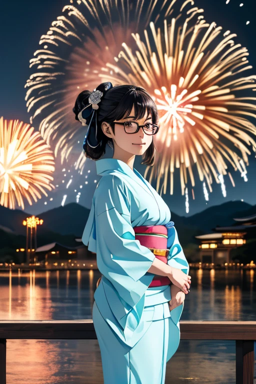 (masterpiece, highest quality), One Girl,  Satou, Satou, Glasses, 赤いフレームのGlasses, Yukata, Satou, Glasses, 赤いフレームのGlasses, kimono,head to feet,Fireworks,