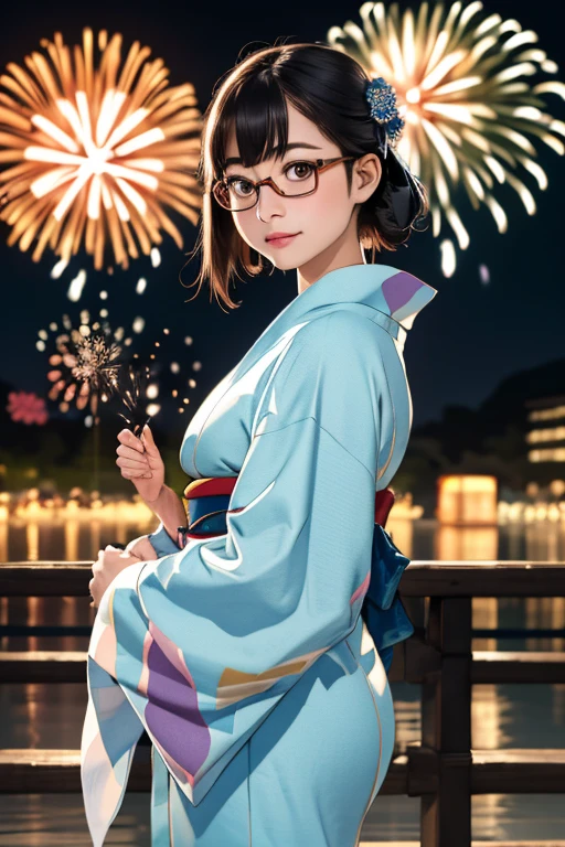 (masterpiece, highest quality), One Girl,  Satou, Satou, Glasses, 赤いフレームのGlasses, Yukata, Satou, Glasses, 赤いフレームのGlasses, kimono,head to feet,Fireworks,