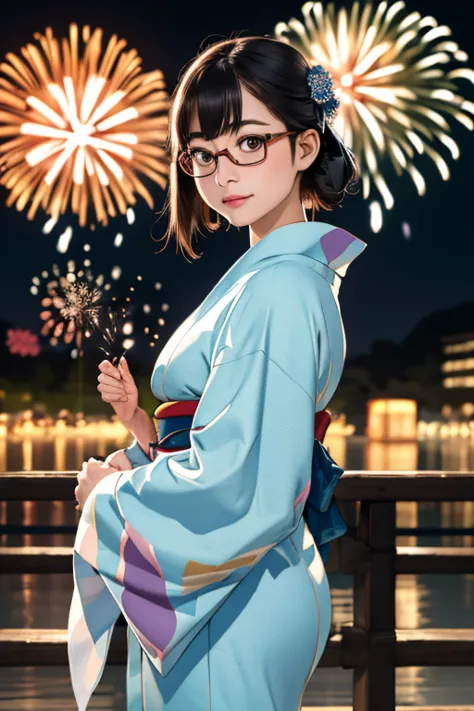 (masterpiece, highest quality), One Girl,  Satou, Satou, Glasses, 赤いフレームのGlasses, Yukata, Satou, Glasses, 赤いフレームのGlasses, kimono...