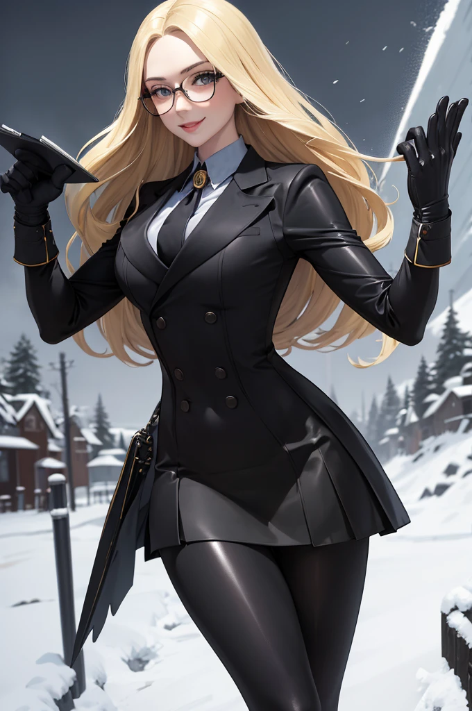 masterpiece, best quality, Kolin, Glasses, Black shiny skirt suit, (((3-piece-suit))), tie, suit, suit, Vest, tight skirt, snow, Gray sky, Black gloves, Holding a clipboard, Smile, Looking at the audience, permanent