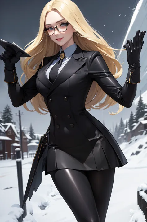 masterpiece, best quality, Kolin, Glasses, Black shiny skirt suit, (((3-piece-suit))), tie, suit, suit, Vest, tight skirt, snow,...