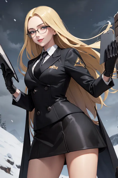 masterpiece, best quality, Kolin, Glasses, Black shiny skirt suit, (((3-piece-suit))), tie, suit, suit, Vest, tight skirt, snow,...