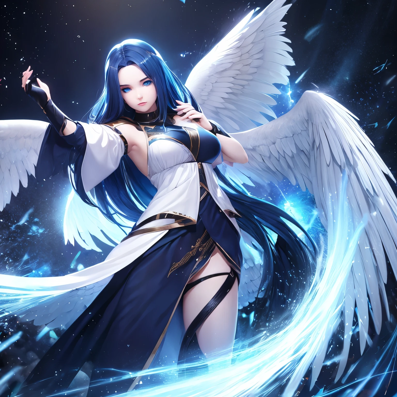 Aasimar, Girl, midnight blue hair, blue eyes, pale blue skin