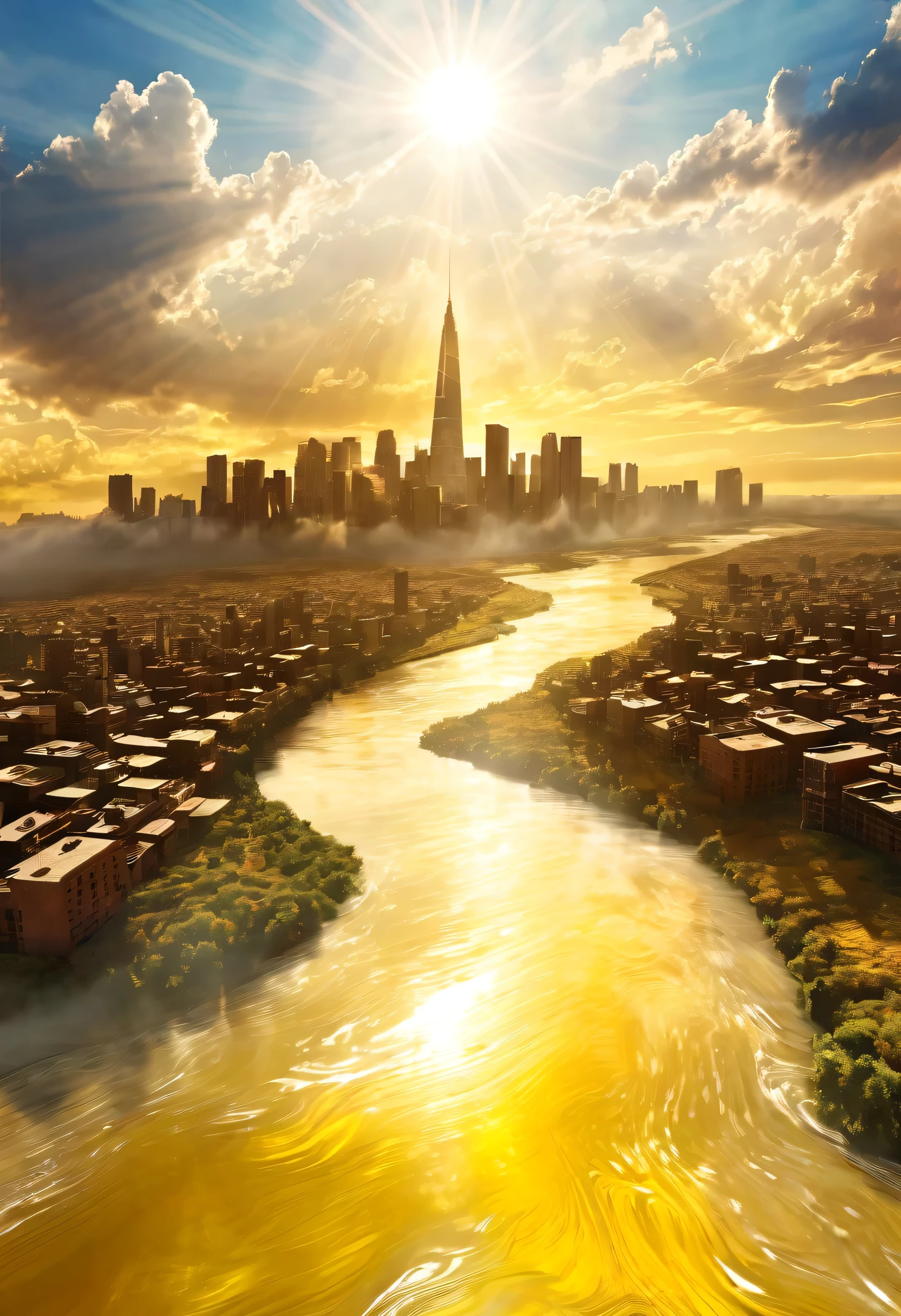 Arte digital surreal de uma misteriosa paisagem urbana subindo para o céu, As nuvens se dispersaram，O Sol Brilhante, Efeito Tyndall，luz solar，O Rio Amarelo corre no chão