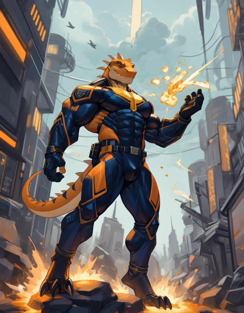 A muscular orange anthropomorphic lizard with orange  ,wearing a skin tight navy blue futuristic scfi superhero battle outfit, useing telekinesis to lift rocks, in a metropolis 