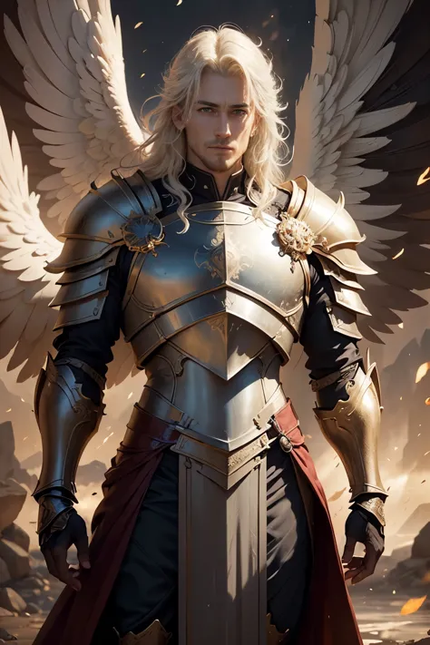 ((Best quality)), ((masterpiece)), ((realistic cartoon)), ((perfect character)), ((portrait)): Angelic Male crusader,heavy armor...