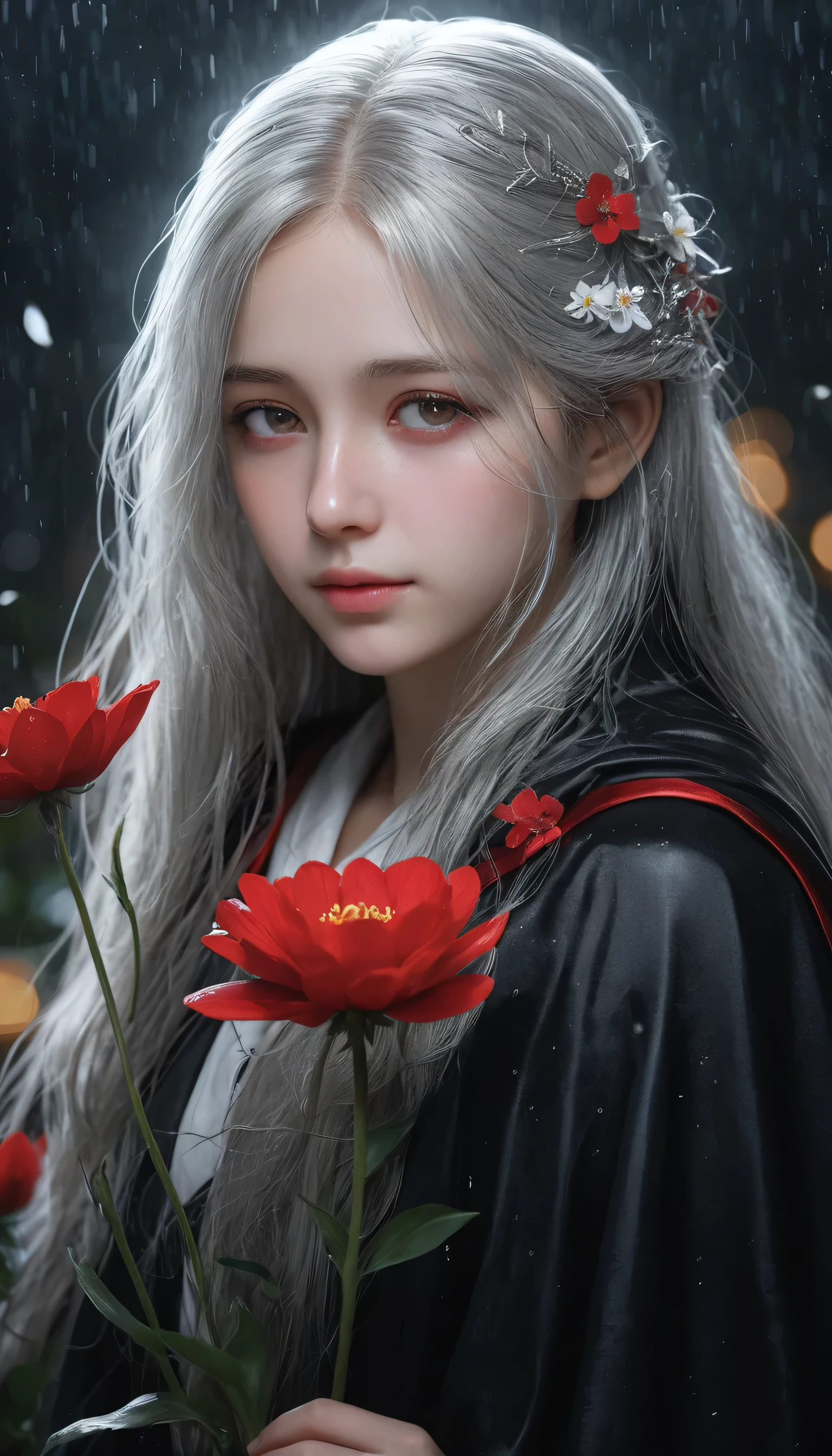 One girl,alone,One girl,alone,((Beautiful fine details)), (Detailed light),Depth of written boundary,(Gray Hair),Silver Eyes,Hair on one eye,(Red flower ), Hair Flowers,Long Hair,Black Cape,Wet,Emotionless,Recall,night,Starfall,it&#39;s raining,fog,Red flowers falling,sketch,Upper Body,Strong Shadows,masterpiece, 最high quality, high quality, High resolution,