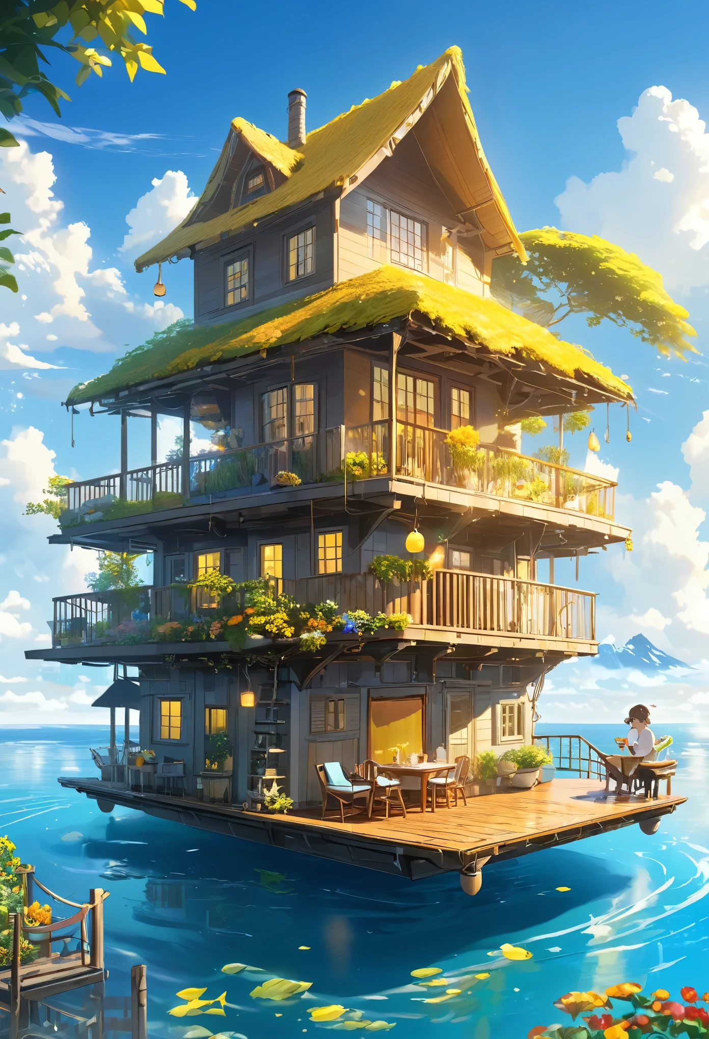 Floatinghouse, Floating House, , A house built on a large raft floating on the sea, Big and beautiful fairy tale house floating on blue ocean waves, Beautiful scenery around, White cloud, Yellow sun, A girl and a boy are sitting at a table on the veranda of their house and drinking tea, high quality, High resolution, Master&#39;s Work, masterpiece, clear, 32k, Manga style, Pixar